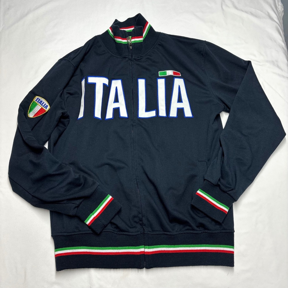 Italia Italy Soccer Track Jacket Full Zip Navy Blue Embroidered Spellout Flag L